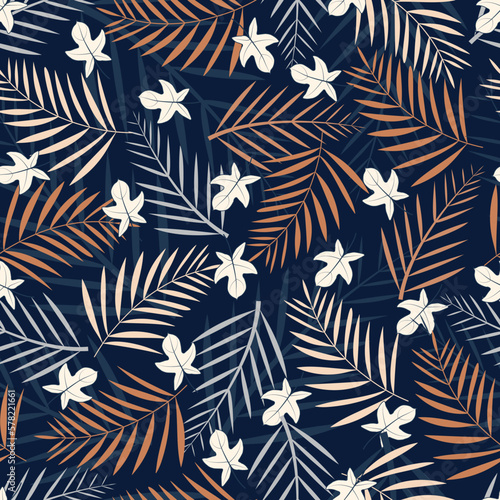 Dainty floral seamless surface pattern design of tropical palm leaves. Allover foliage repeating textured background