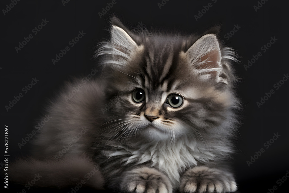 Portrait little fluffy kitten on a gray background photography made with Generative AI