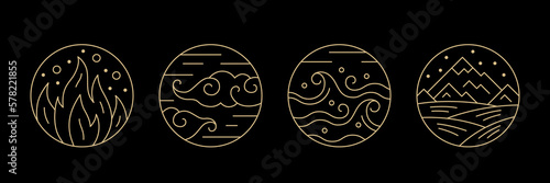 Four elements of nature round alchemy symbols set. Water, fire, earth, air golden signs thin line vector illustration on dark blue background
