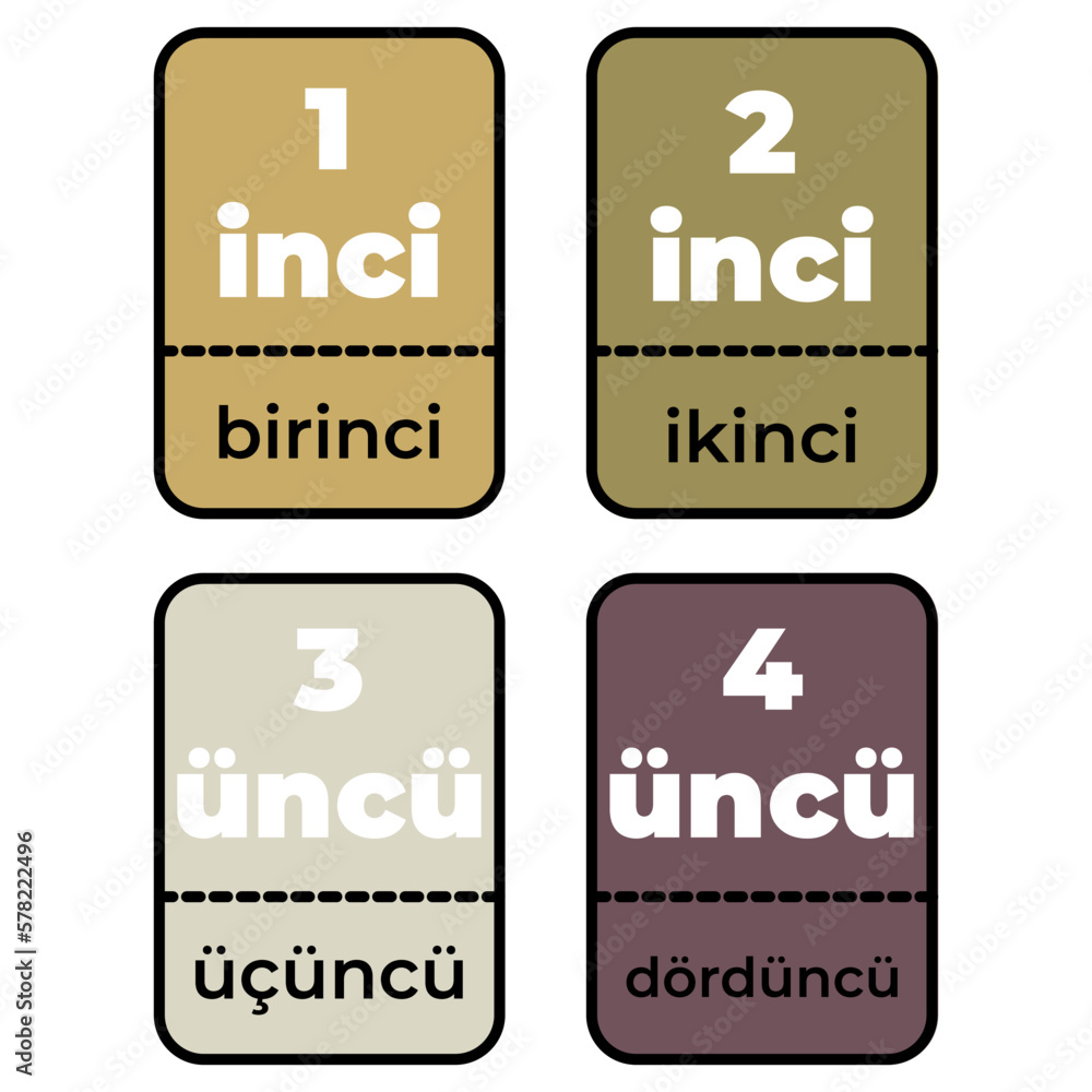 Ordinal numbers from 1 to 4 colored flashcard, material in turkish. Vector illustration