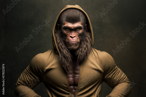 Portrait of a Gelada monkey with muscular human body in brown sportswear hoodie, generative ai