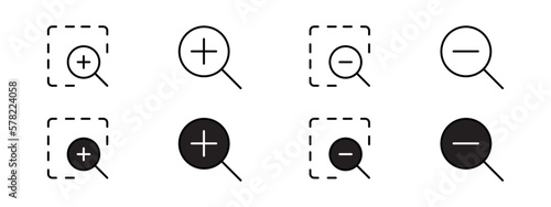 Zoom in and Zoom out icon set. Magnifying glass with plus and minus symbol isolated on white background.