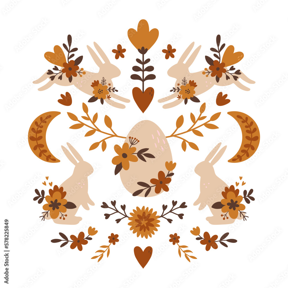 brown vector boho easter illustration with bunnies brown vector boho easter illustration with bunnies