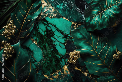 Abstract marble dark green and gold background. Invitation backdrop. Ai generated