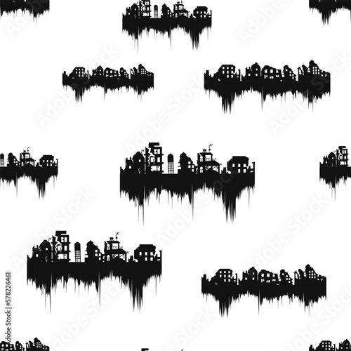 Black and white vector drawing with ruined city. Ruined city design style for print under clothing or wallpaper.