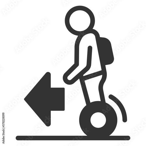A man with a satchel rides a hoverboard, the direction is forward - icon, illustration on white background, glyph style