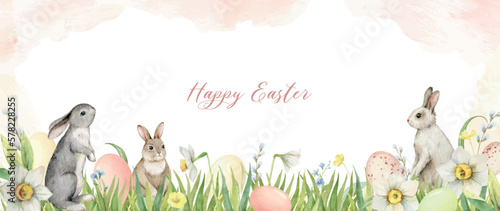 Watercolor vector background banner with cute bunnies, Easter eggs, flowers and grass.