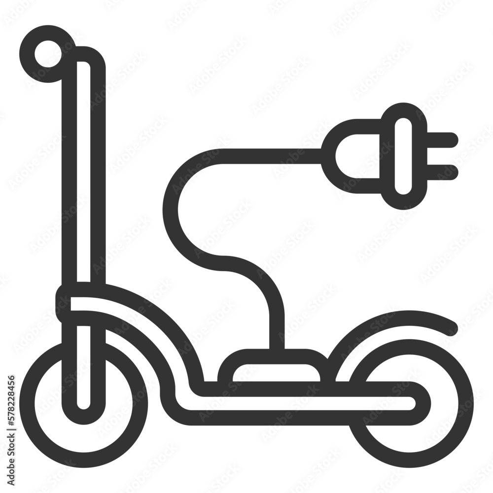 Electric scooter and plug on a wire for connecting to a mains with current - icon, illustration on white background, outline style Electric scooter and plug on a wire for connecting to a mains with current - icon, illustration on white background, outline style