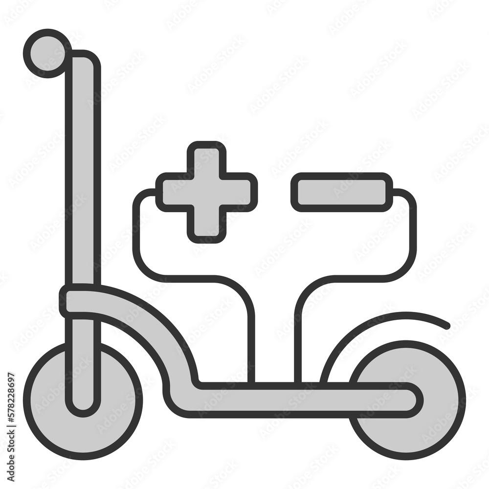 Electric scooter and wires with plus and minus - icon, illustration on white background, grey style Electric scooter and wires with plus and minus - icon, illustration on white background, grey style
