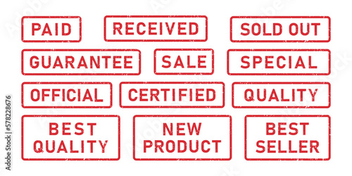Grunge words Guarantee, Sale, Special rubber stamps. Paid, Received, Quality sign red sticker set. Grunge vintage square label Sold out, Certified. Vector illustration isolated on white background.
