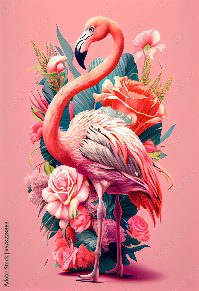 Exotic summer pink animal, flamingo covered with fresh spring flowers. Tropical background. Abstract animal concept. Illustration, Generative AI. - obrazy, fototapety, plakaty 
