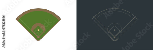 Vector Baseball field Technical Illustration line art  on the blueprint