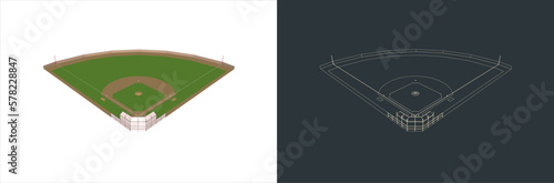 Vector Baseball field Technical Illustration line art  on the blueprint