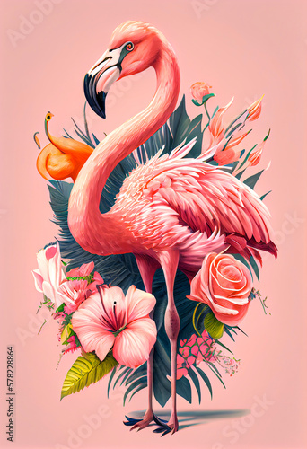 Exotic summer pink animal, flamingo covered with fresh spring flowers. Tropical background. Abstract animal concept. Illustration, Generative AI.