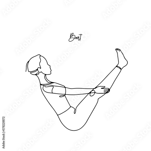 Single line drawing of a girl in boat yoga pose with name text. Linear hand drawn doodle on white background