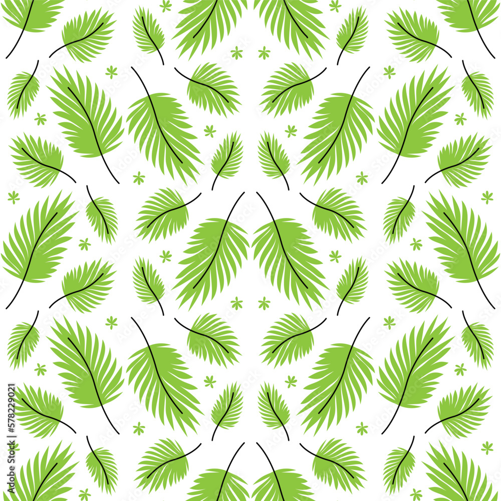 Seamless pattern with green tropical palm leaves on white background. Exotic foliage wallpaper.