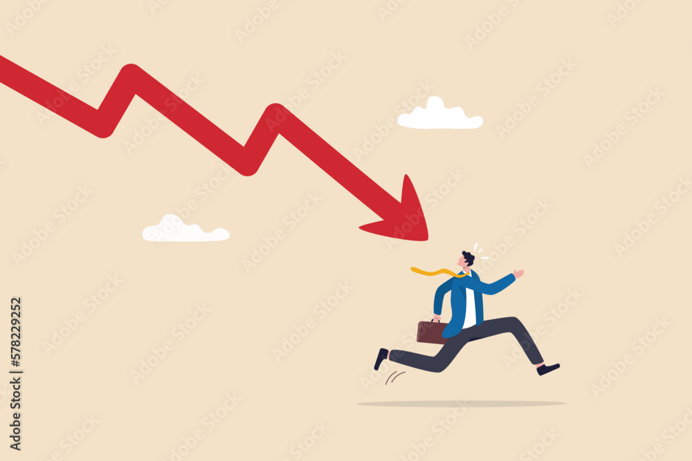 Business failure, economic recession or investment loss or stock market falling down, crisis or crash, investing risk or depression concept, failed businessman run away from falling down arrow chart. Business failure, economic recession or investment loss or stock market falling down, crisis or crash, investing risk or depression concept, failed businessman run away from falling down arrow chart.