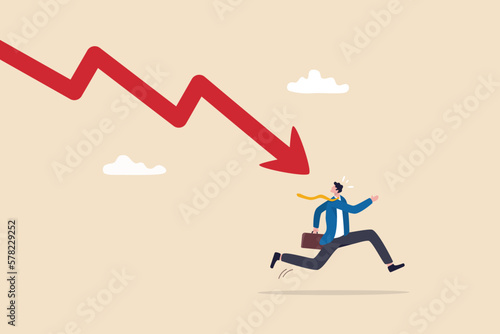 Business failure, economic recession or investment loss or stock market falling down, crisis or crash, investing risk or depression concept, failed businessman run away from falling down arrow chart.