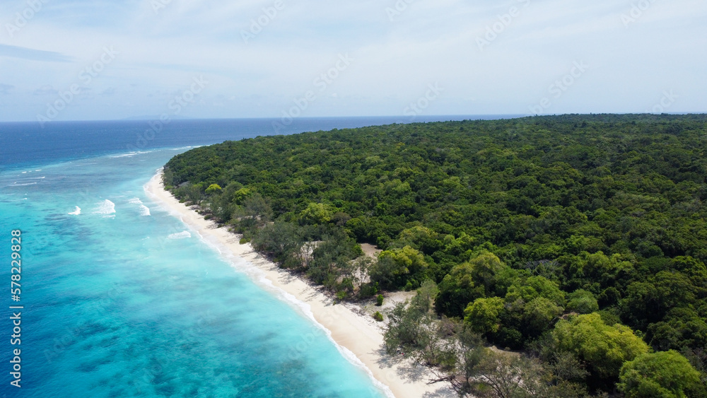 Aerial landscape view of white sandy beach curving coastline and forest trees of remote wilderness on Jaco Island in Timor Leste, Southeast Asia