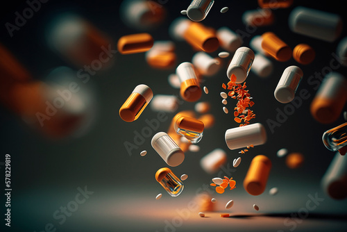 generative ai illustration of A group of antibiotic pill capsules, macro lens photo