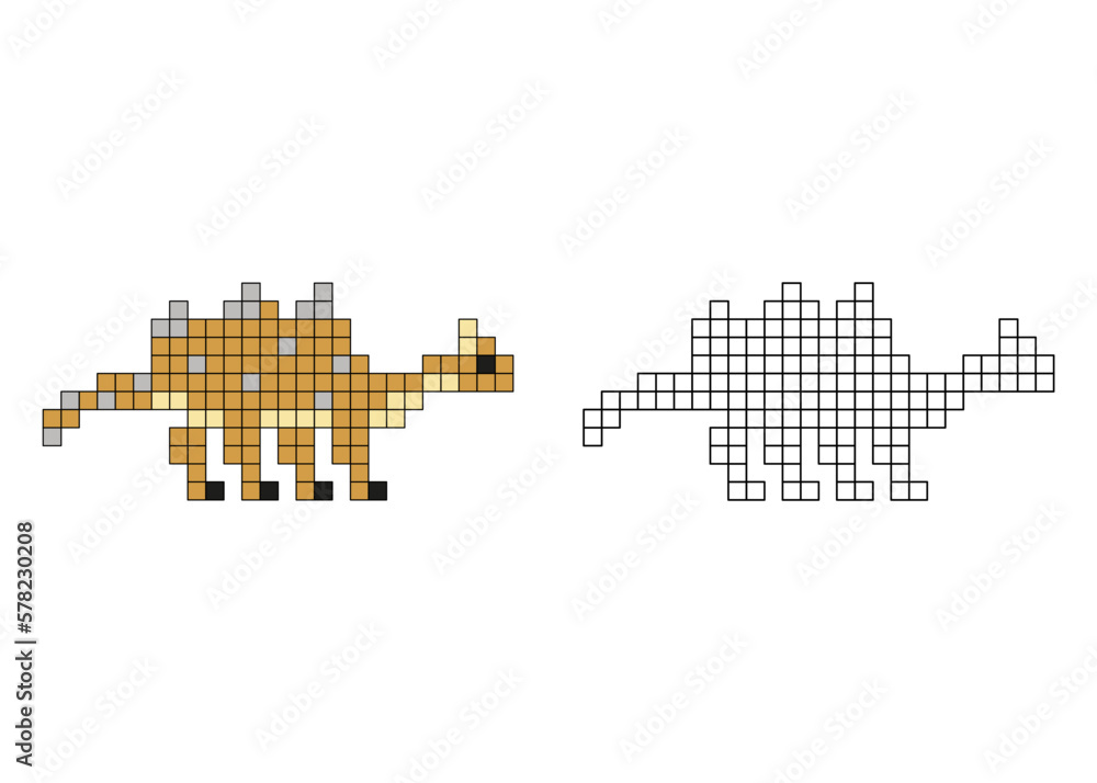 Simple pixel coloring book for kids. Education game. Cute Dinosaur. Vector illustration