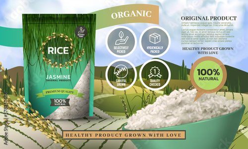 3D white basmati rice. Full paddy bowl. Healthy cooked harvest in hand bag. Local farmers field. Microwave food. ereal crop. Advertising banner design. Vector exact landscape background