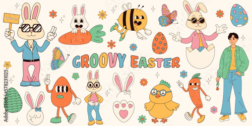 Groovy hippie Happy Easter set. Easter bunny, eggs, butterflies, cupcakes, chickens. Set of cartoon characters and elements in trendy retro 60s 70s cartoon style.