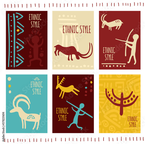 Set of vertical gift tag, badge, sticker with prehistoric rock painting petroglyphs, human and animal. Card with Palaeolithic Petroglyph with hunting scene for decoration, invitation. Vector EPS8