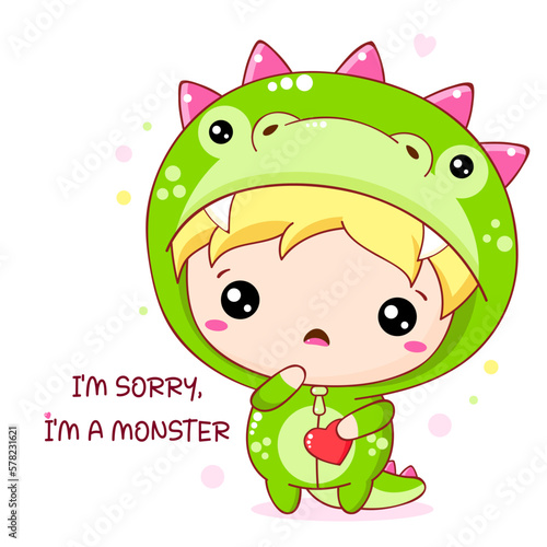 Apologize card with sad cute baby in monster costume. Inscription I'm sorry, I'm a monster. Cute little boy apologize. Vector illustration EPS8