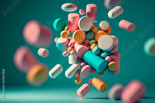 generative ai illustration of A group of antibiotic pill capsules, macro lens photo