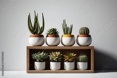 Succulents and cacti in variouse ceramic pots. Eco package. Modern style. Lagom style. Light wooden shelf, simple regular composition, photorealism. Generative AI