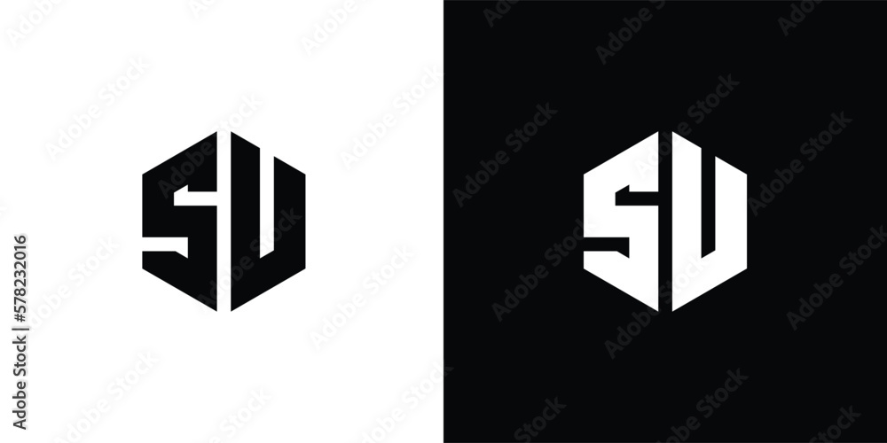 Letter S U Polygon, Hexagonal Minimal Logo Design On Black And White Background