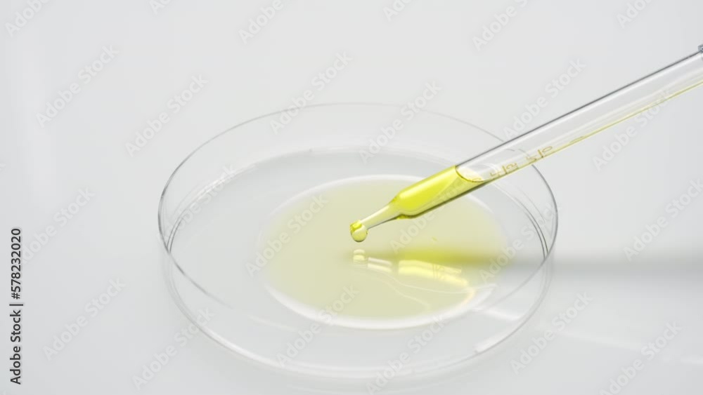 Extreme close-up crane shot of long chemical dropper drips almond extract into petri dish on grey background | Abstract skincare cosmetics formulation concept Extreme close-up crane shot of long chemical dropper drips almond extract into petri dish on grey background | Abstract skincare cosmetics formulation concept