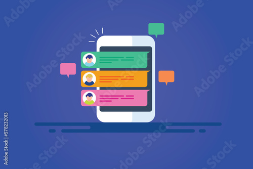 Message from different people appear on mobile screen, chat messenger, digital business communication technology flat design web banner template.