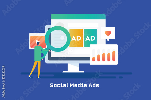 Businessman with magnifier examine social media advertising performance, analysing reach impression website traffic sales conversion concept, web banner vector illustration.