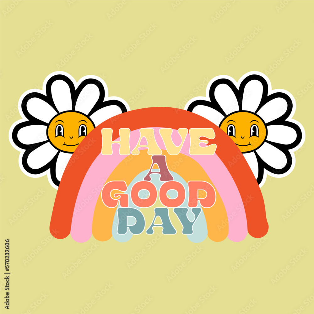 Fototapeta premium 70s retro groovy, rainbow and flower illustration print with inspirational slogan for girl, kids graphic tee t shirt or sticker