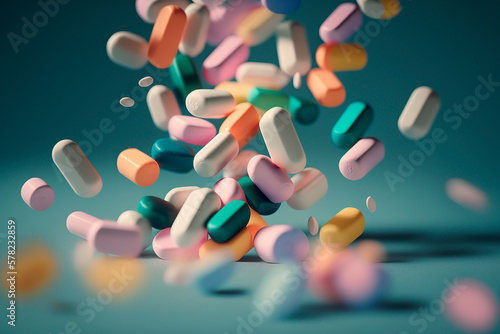 generative ai illustration of A group of antibiotic pill capsules, macro lens