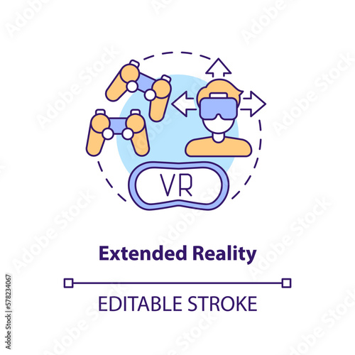 Extended reality concept icon. Spatial computing integration. Metaverse technology abstract idea thin line illustration. Isolated outline drawing. Editable stroke. Arial, Myriad Pro-Bold fonts used