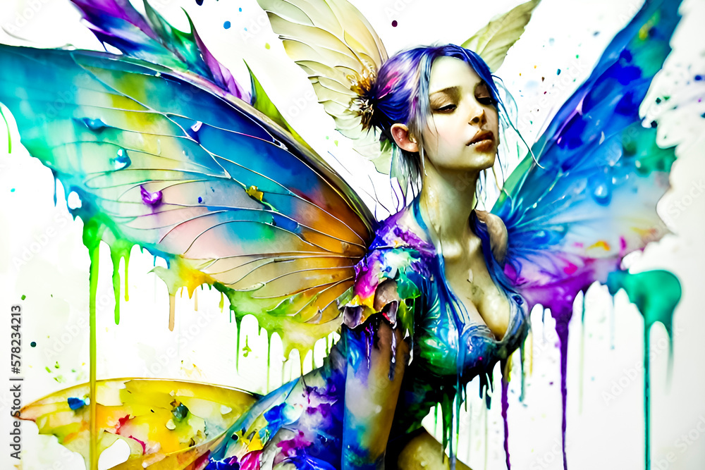 Beautiful fairy girl with multicolored wings on white background. Beautiful fairy girl with multicolored wings on white background.