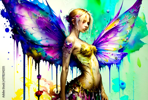 Beautiful fairy girl with multicolored wings on white background.