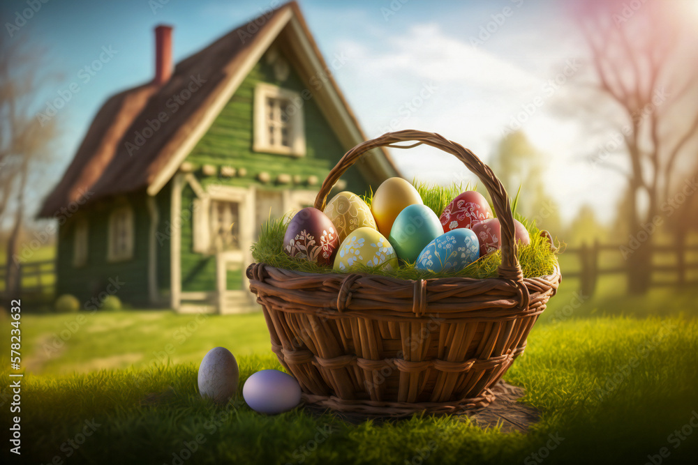 Basket with colorful Easter eggs in the green grass, with a country house in background. Created with Generative AI technology. Basket with colorful Easter eggs in the green grass, with a country house in background. Created with Generative AI technology.