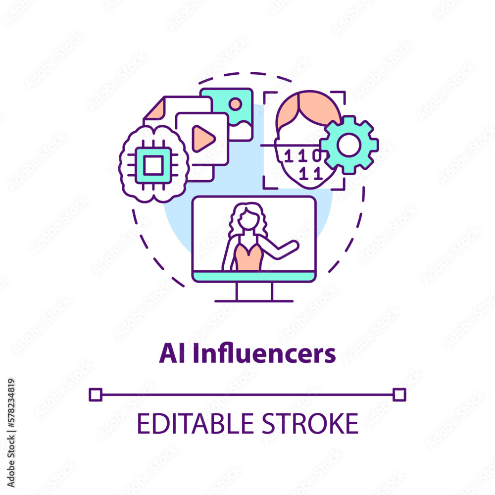AI influencers concept icon. Social media algorithm. Computer based media type abstract idea thin line illustration. Isolated outline drawing. Editable stroke. Arial, Myriad Pro-Bold fonts used