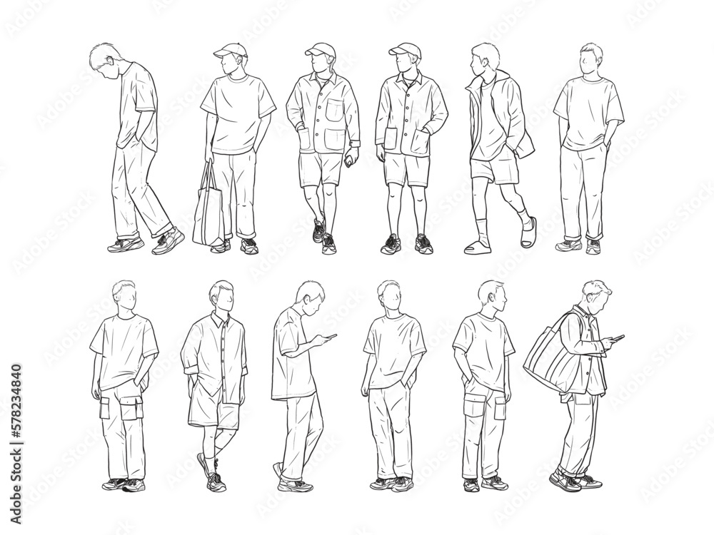 set of Man standing with his hands in his pants pocket line vector drawing. Minimalistic contour illustration. set of Man standing with his hands in his pants pocket line vector drawing. Minimalistic contour illustration.