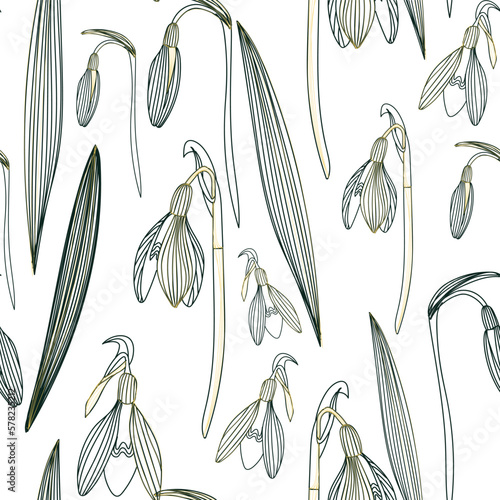snowdrops flowers and leaves. hand-drawn seamless pattern. for fabric, clothing, background, design, wrapping paper