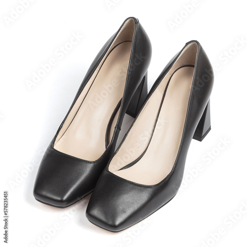 Black Women's Leather Office Comfortable Business Strict Shoes on a Thick hill with a blunt toe on a white background