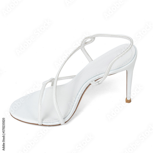 Fashionable White Leather Women's Sandals Shoes with Thin High Heels with Straps on White Background