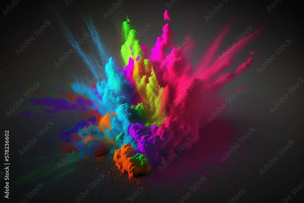 Obraz premium Colorful explosion of holi powder on the black background created with Generative AI technology