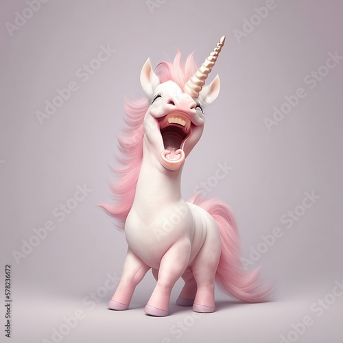 Pink unicorn with a large horn laughs on grey background created with Generative AI technology photo