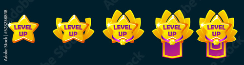 Rank badges. Level up icons with star, ranking awards