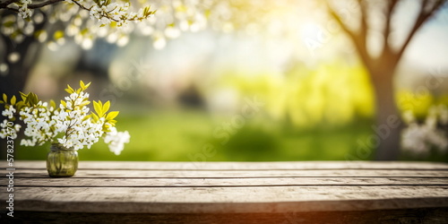 Empty old wooden table with Spring with trees in blooming and defocused sunny garden bokeh background
